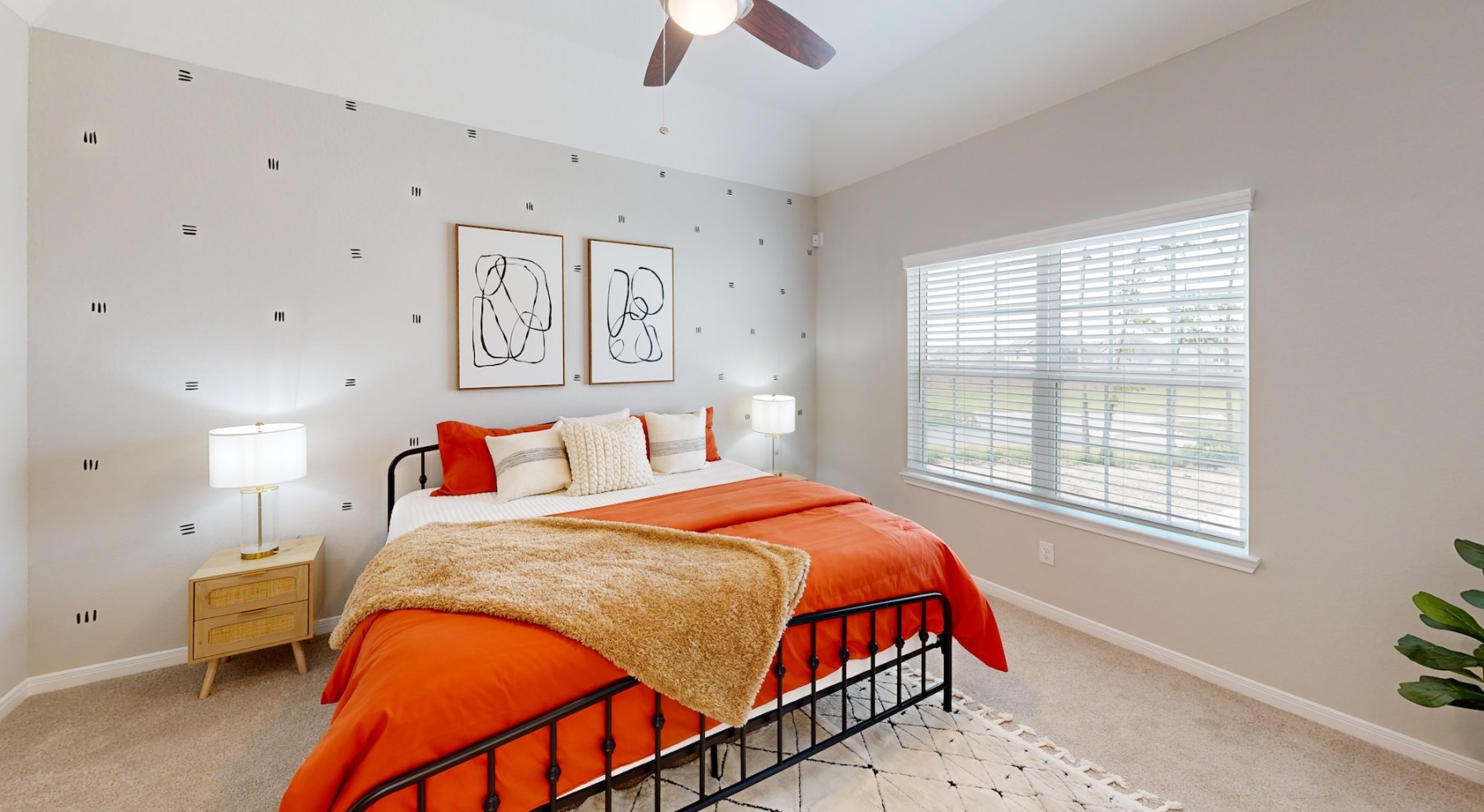 Bedroom with natural lighting and high ceilings